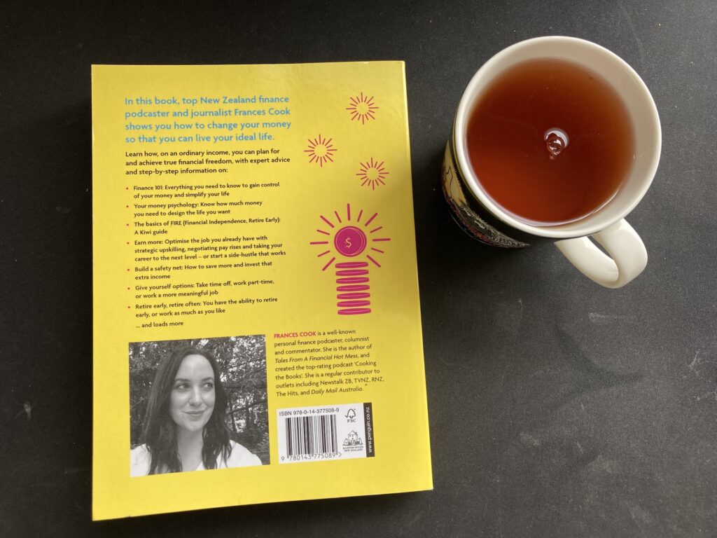 Back cover of Frances Cook's book your money your future with a cup of tea next to it