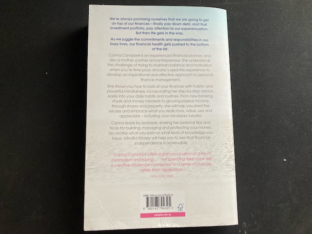 Review of Mindful Money by Canna Campbell, book's back cover pictured